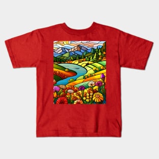 Stained Glass Colorful Mountain Flowers Kids T-Shirt